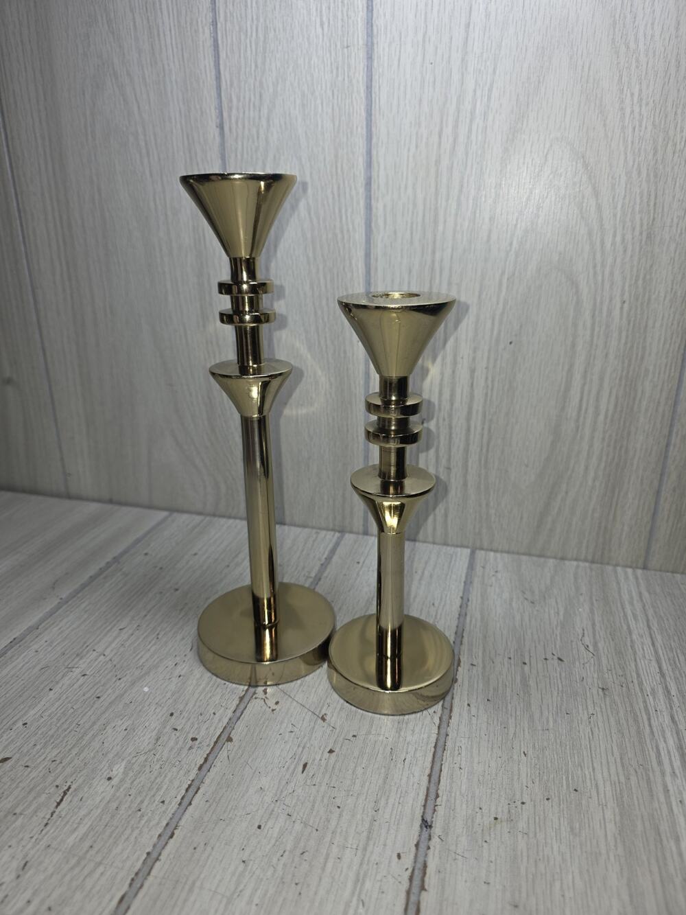 Vtg Brass Tapered Candle Sticks 2 Disc Ring Detail Set Of 2 Regency Gothic Event